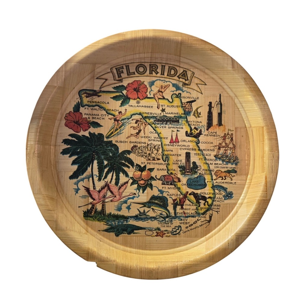Carrib‎ Novelty Florida Souvenir Tray Bamboo Vintage Map Decor Round 12"